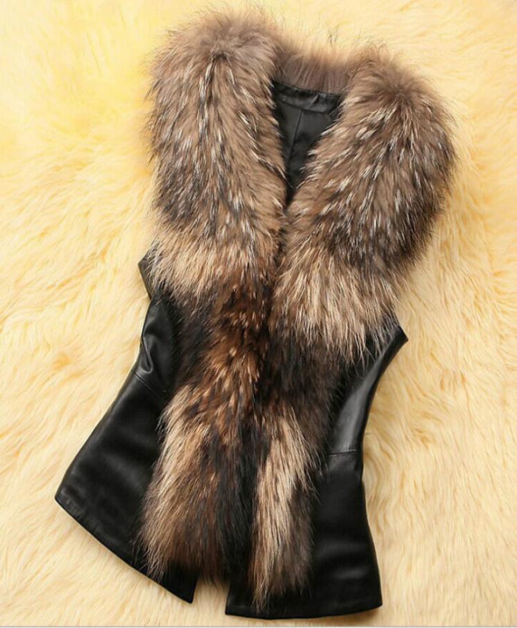 

Women039s Fall Sleeveless Jacket Faux Leather Stitching Faux Fur Collar Vest PU VNeck Tank Waistcoat Coat Basic Tops with Belt6890249, Brown
