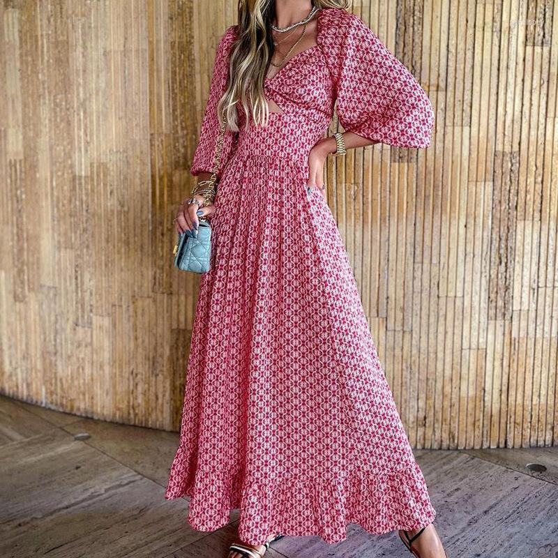 

Casual Dresses 2022 Summer Women' Fashion Sexy Waist Printing Hollow Loose Long-sleeved Floral Bohemian Beach Long Skirt Women, Red