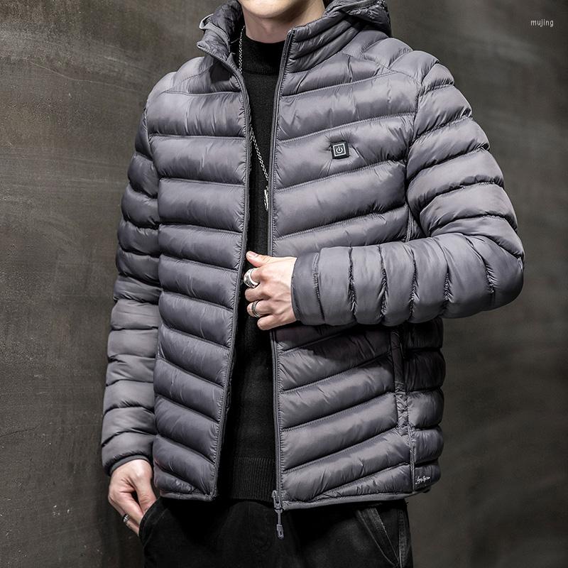 

Men's Down Men Winter Warm USB Heating Jackets Smart Thermostat Pure Color Hooded Heated Clothing Waterproof, Black
