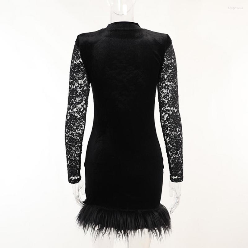 

Casual Dresses Trendy Sheath Dress Faux Feather Sexy Long Sleeve Above Knee Temperament Women For Party, Black