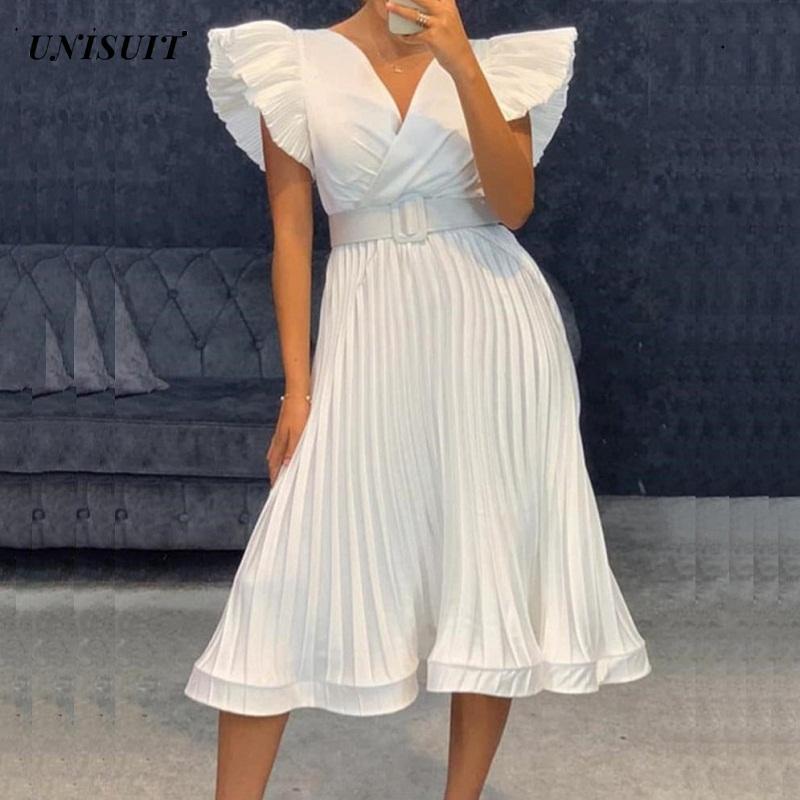 

Party Dresses 2022 Summer Flying Sleeves Pleated Dress Women Sexy Wrap V Neck Office Mini Spring Solid Ruffles A-Line Belt, 03 yellow