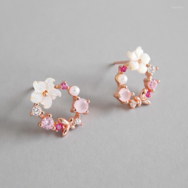 

Stud Earrings Korean Style S925 Pure Silver Zircon Crystal Shell Garland Round Circle Flower Earring Student Female Jewelry