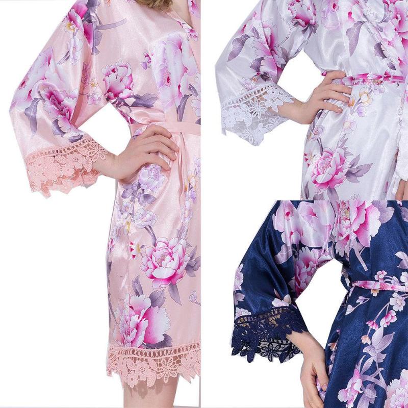 

Women's Sleepwear Plus Size Women Silk Satin Floral Lace Trim Robe Wedding Bridal Bridesmaid Robes For Night Long, White