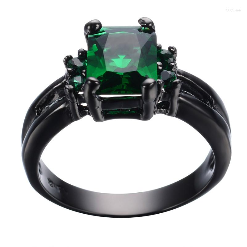 

Wedding Rings Luxury Female Green Crystal Stone Ring Classic Black Gold Color Hollow Trendy Square Zircon Engagement For Women Men