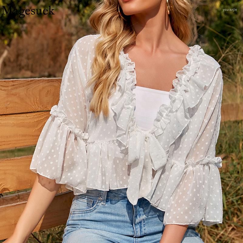

Women' Blouses 2022 Casual Chiffon Blouse Women V Neck Summer Sexy Crop Top Ruffle Patchwork Loose Ladies Bow Shirts Short Sleeve 19246, White