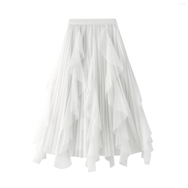 

Skirts Paneled Mesh Female Midi Skirt Ladies Solid Color High Elastic Waist Pleated For Spring Summer Fall Clothing, Beige