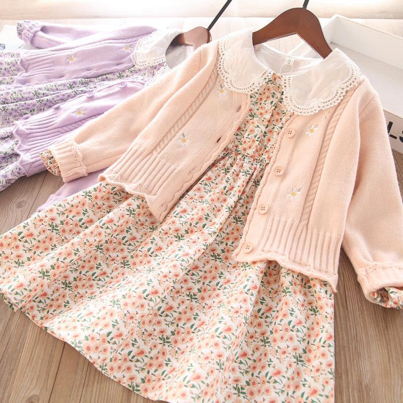

Clothing Sets Kids Girl Clothes Set Spring Long Sleeve Floral Dress Single Breasted Knitted Cardigan 2Pcs Suit Autumn Children Outfit, Pink