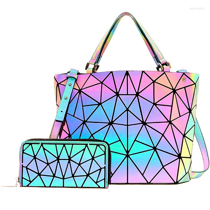 

Evening Bags Women's Set Glowing Bag Diamond Geometric Deformation Tote Irregular Folding Shoulder Holographic Luminous Bucket, Wallet 1pcs