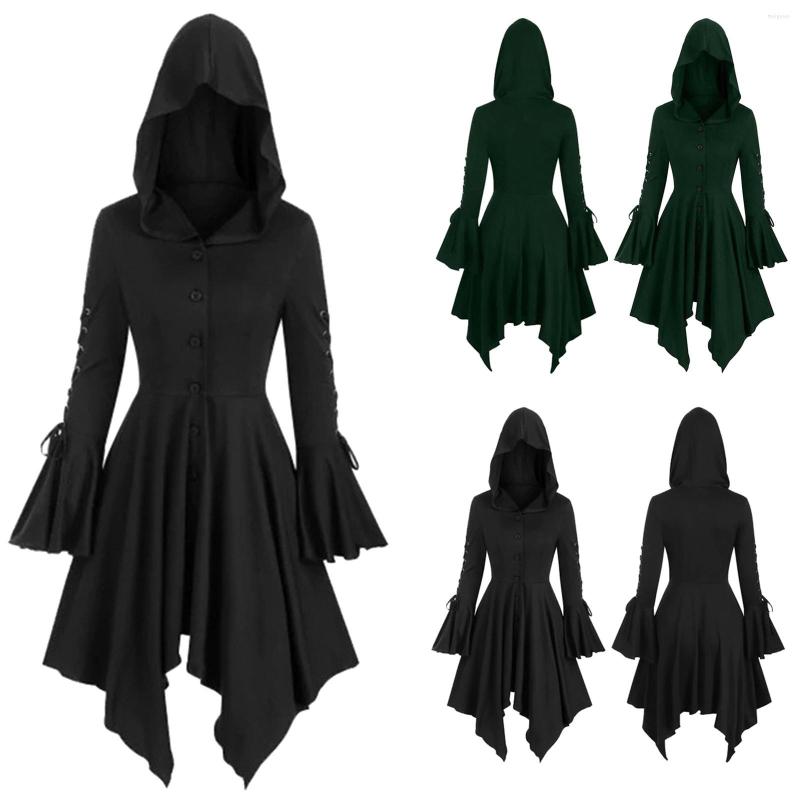 

Casual Dresses Ladies Medieval Gothic Hooded Cape Coat Irregular Hem Lotus Sleeves Punk Dress Renaissance Gown Party Cosplay Robe Winter, Green