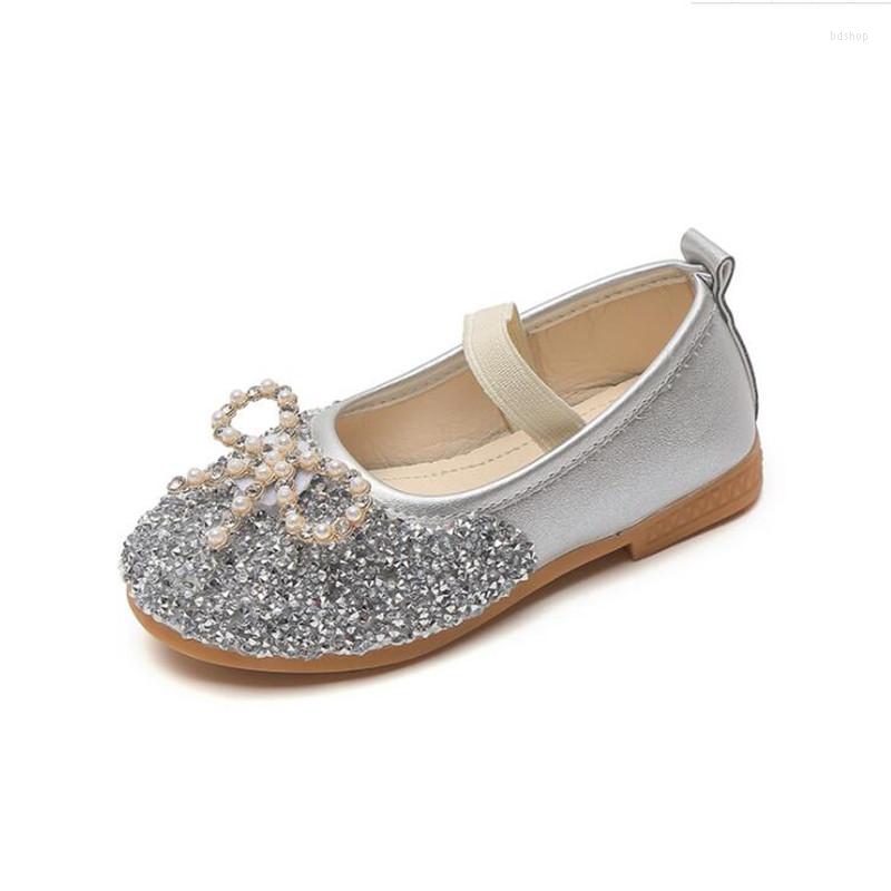 

Flat Shoes Girls Princess Soft Bottom 2022 Autumn Baby Single Bow Crystal Kids Small Leather, Gold
