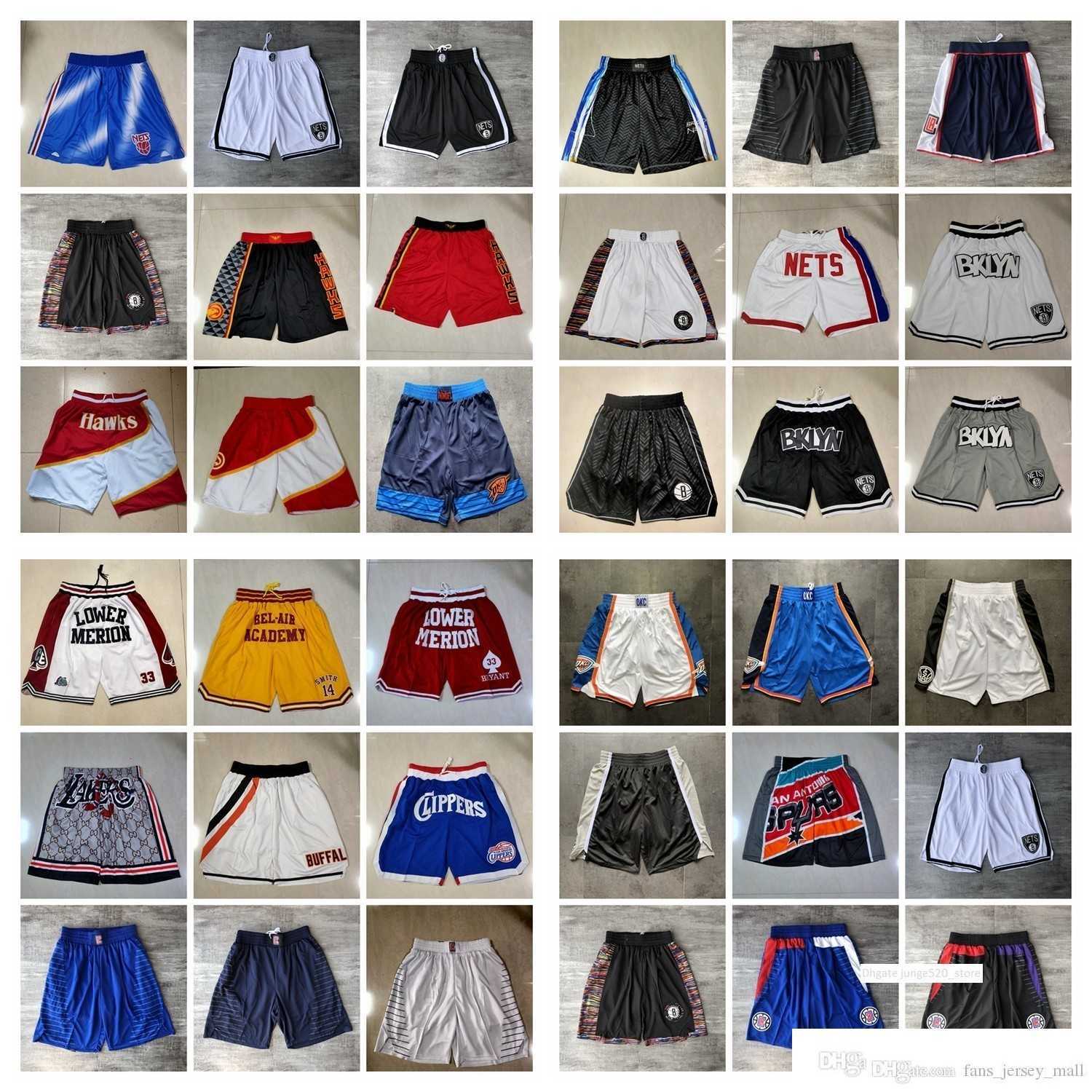 

Team Basketball Shorts Just Don Retro Reward High School White City Version Wear Sport Pant With Pocket Zipper Sweatpants Hip Pop Red Blue, As photo
