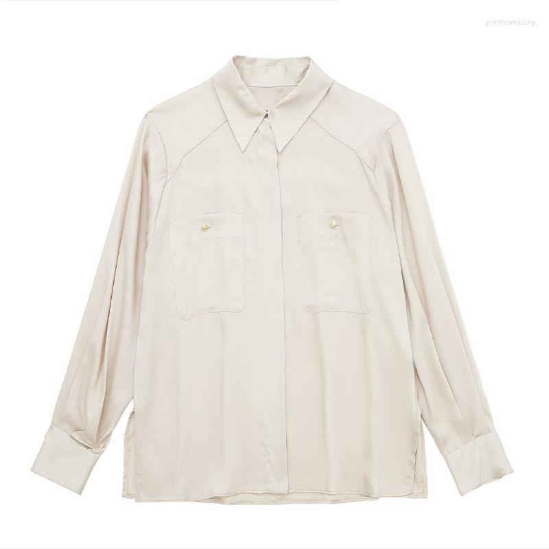 

Women's Blouses ZATRHMBM 2022 Autumn Fashion Silk Satin Vintage With Pocket Long Sleeve Shirt Button Up Casual Basic Ladies Tops, Beige