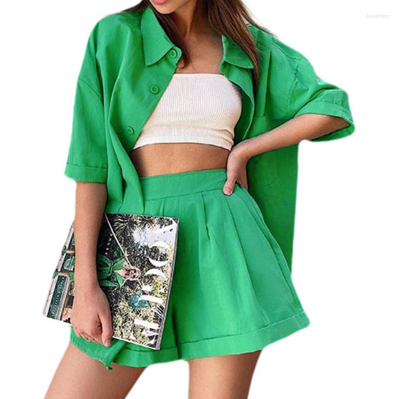 

Women' Tracksuits Female Suit Set Summer Solid Color Casual Turn-Down Collar Long Sleeve Shirt Shorts Women' Suits Clothes Daily Wear