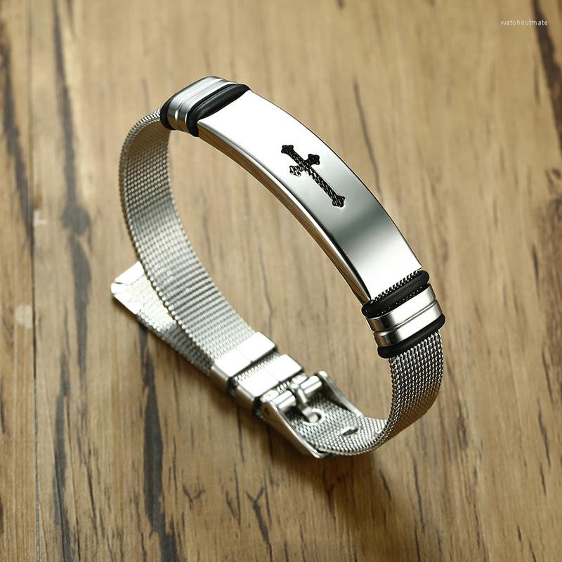 

Charm Bracelets Fashion MenBlack Cross Bangles Color Titanium Steel Jesus Link Mesh Chain Jewelry