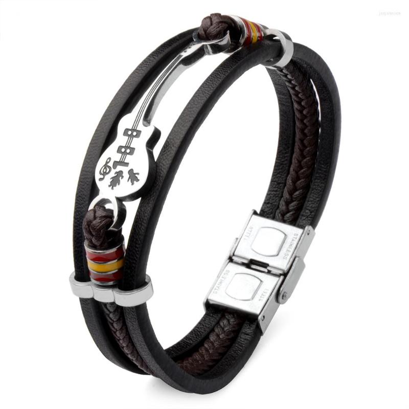 

Charm Bracelets Stainless Steel Guitar Fashion Braided Genuine Leather Bracelet For Men Rope Bangle Music Fans Gift