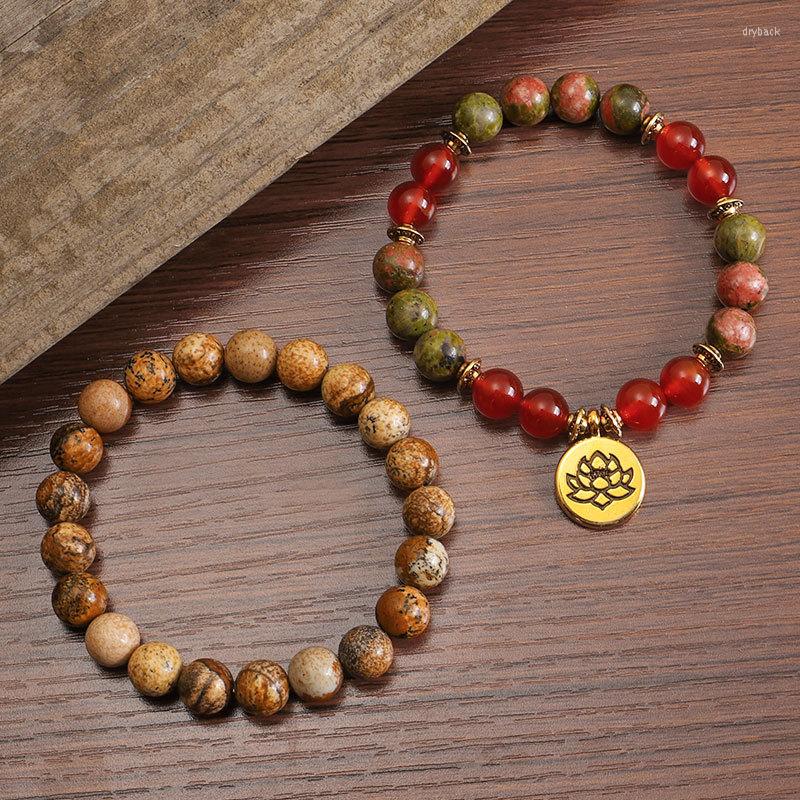 

Strand 1pair Yoga Bracelets For Women Men Gold Color Lotus Flower Charm Wrap Picture Jaspers Unakite Green Stone Agates Bracelet Couple