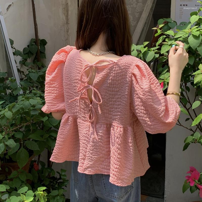 

Women's Blouses Sweet Bow Lace Up Blouse Women 2022 Korean Summer O Neck Puff Short Sleeve Elegant Tops Rulffes Shirts Blusas Mujer, Pink