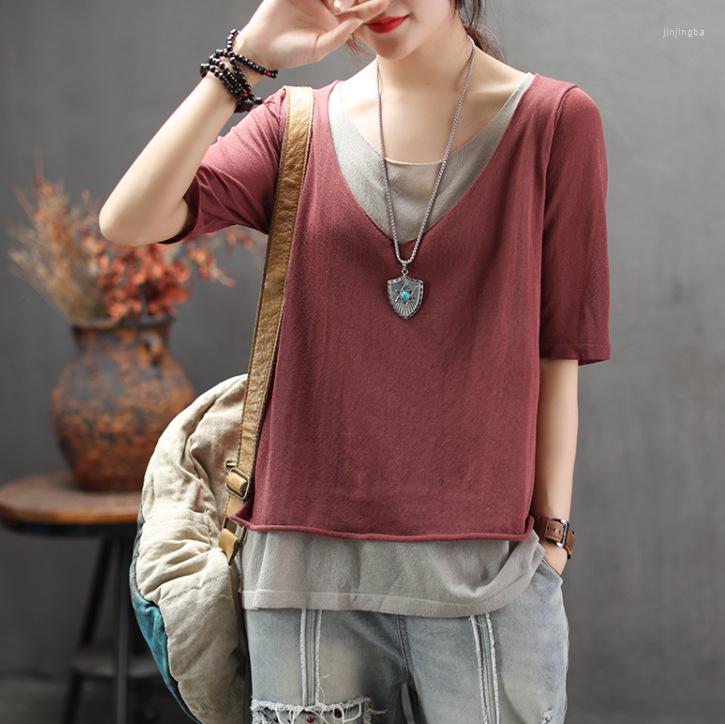 

Women's T Shirts Women Knit Linen T-Shirts Spring Summer Office Lady Style O-Neck Collar Fake Two Piece Half Sleeve Tops Wild, Beige