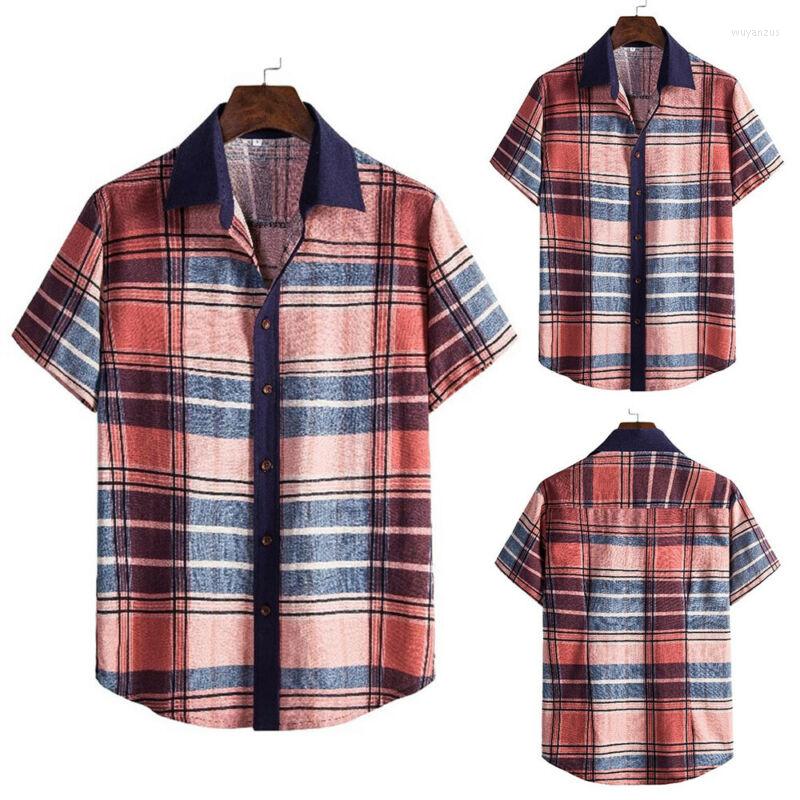 

Men's T Shirts Men Short Sleeve Check Button Down Shirt Blouse Casual Loose Holiday T-shirt Top, As the picture