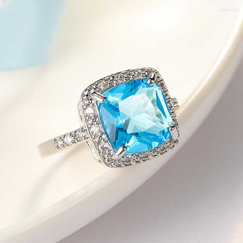 

Wedding Rings Princess Ring Women Blue Zircon Transparent Noble Engagement Party Fashion Jewelry Fine Decoration Girl Friend Gift