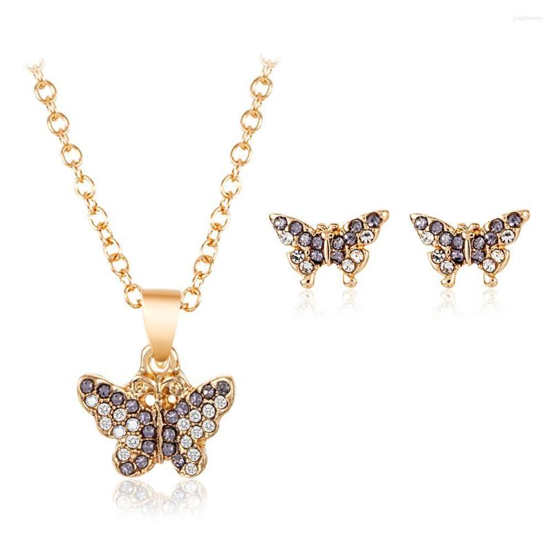 

Necklace Earrings Set High-end Crystal Cute Animal Butterfly Stud Long Chain Pendant For Women Lady Party, Picture shown