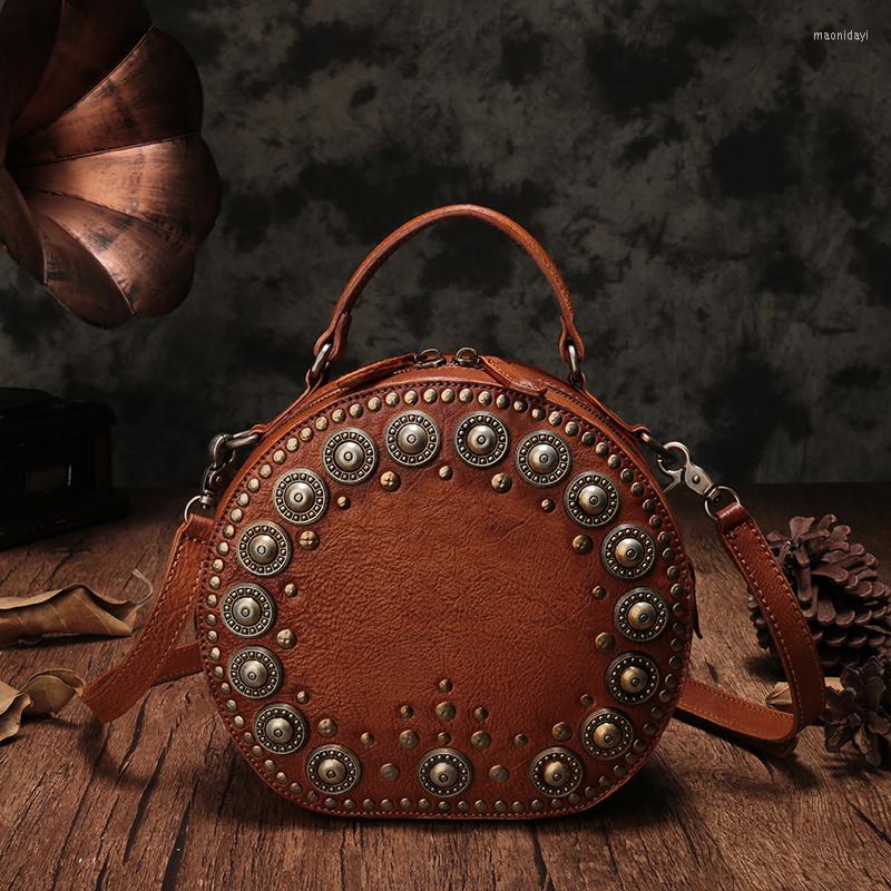 

Evening Bags Women Handbags Rivet Diagonal Crossbody Bag Shoulder Small Retro 2022 The First Layer Of Leather Round Wild Female