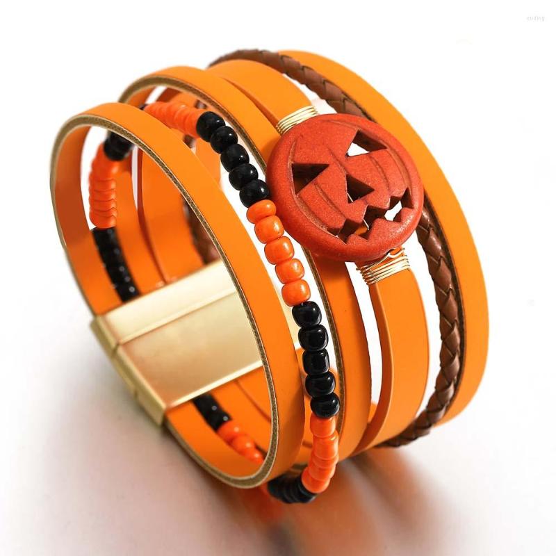 

Charm Bracelets ALLYES Gothic Halloween Pumpkin Bracelet For Women Retro Ghost Beaded Weave Multilayer Wrap Leather Jewelry