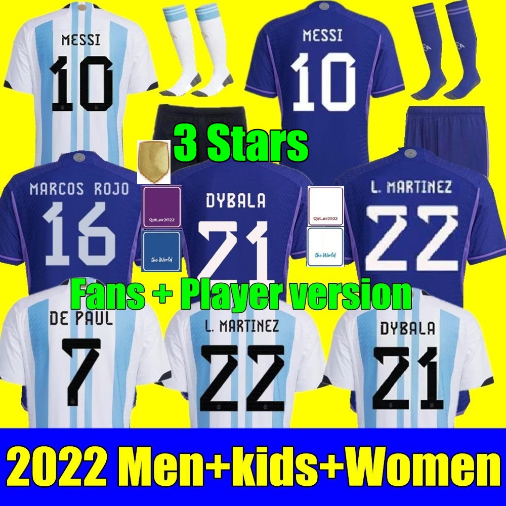 

New 3 stars 2022 World Cup Argentina soccer Jerseys 22 23 J.ALVAREZ DYBALA MESSI DI MARIA KUN MARTINEZ MARADONA football shirt Men kids kit fans player version, Kids away+world cup patch