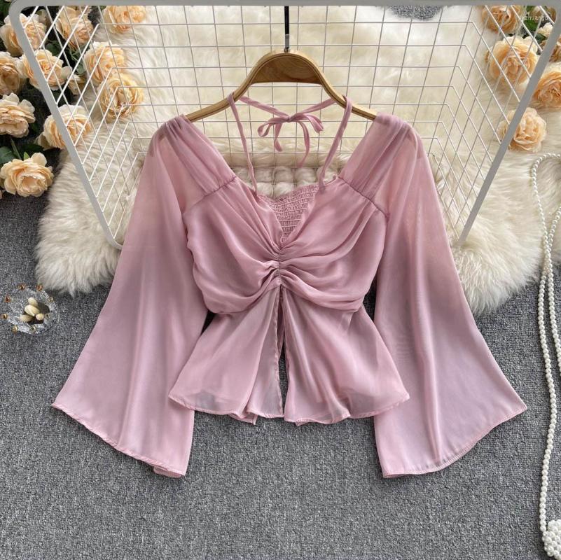 

Women's Blouses Chiffon Shirts 2022 Spring Korean Slim Drawstring Design Sweet Top Women, Pink