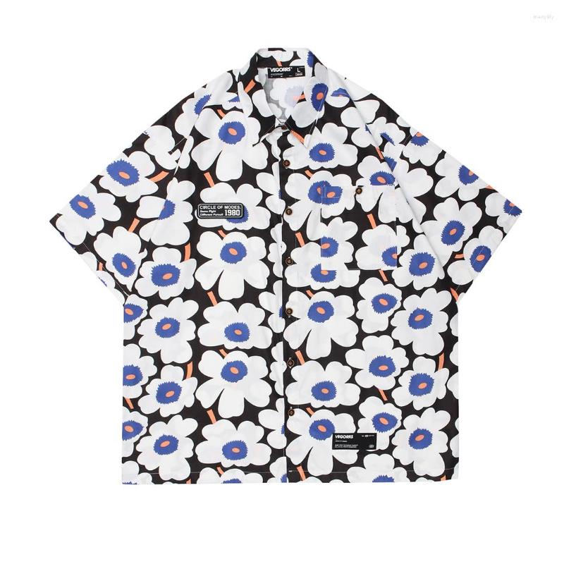 

Men's Casual Shirts ATSUNNY Japanese Retro Floral Print Short-sleeved Shirt Men's Hip Hop Streetwear Oversize Flower Harajuku Tops, Blue
