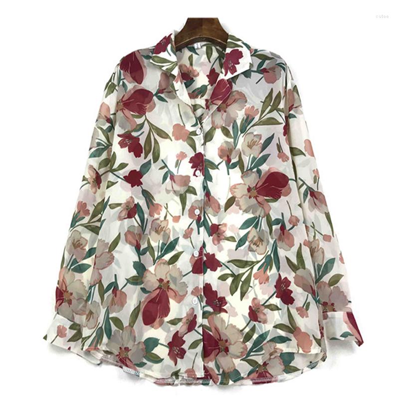 

Women's Blouses PERHAPS U Red Blue Turn Down Collar Long Sleeve Shirt Chiffon Floral Print Spring Women B0626