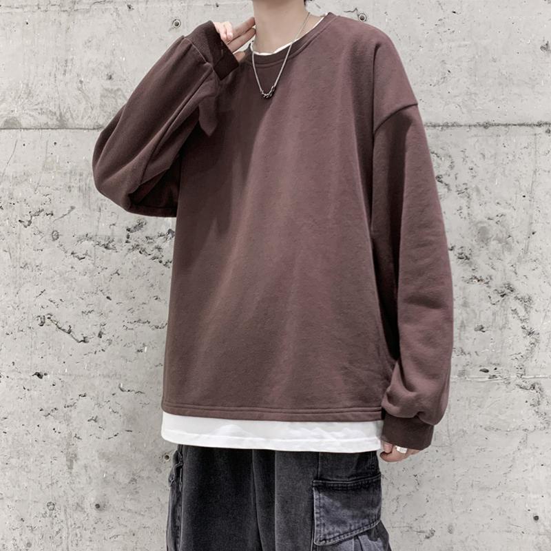 

Men's T Shirts Fake Two-piece Tshirts Long-sleeved Splicing T-shirt Ins Trend Thin Loose Round Neck Pullover Solid Casual Bottoming Shirt, Black