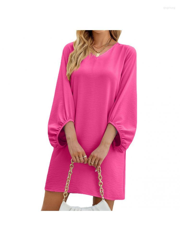 

Casual Dresses 2022 Autumn Loose V-neck Red Black Dress Solid Color Three-quarter Sleeve Maxi Women' Mini, Light blue