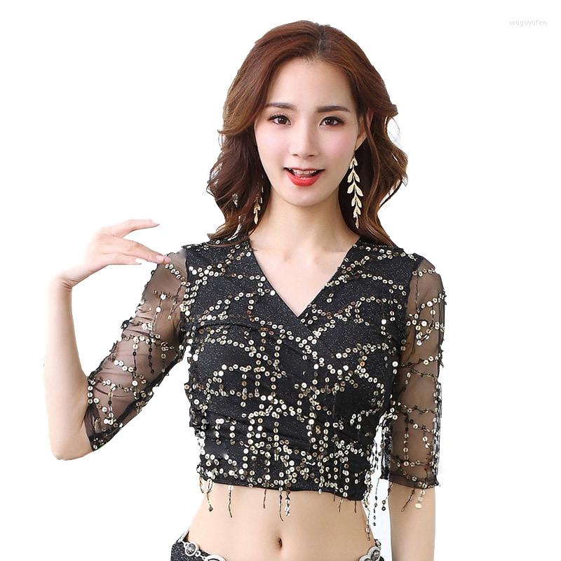 

Stage Wear 2022 Women Dance Costume Accessories Elastic Mesh Base With Sequins Fringes Belly Shinny Tops Class, Black gold sequins