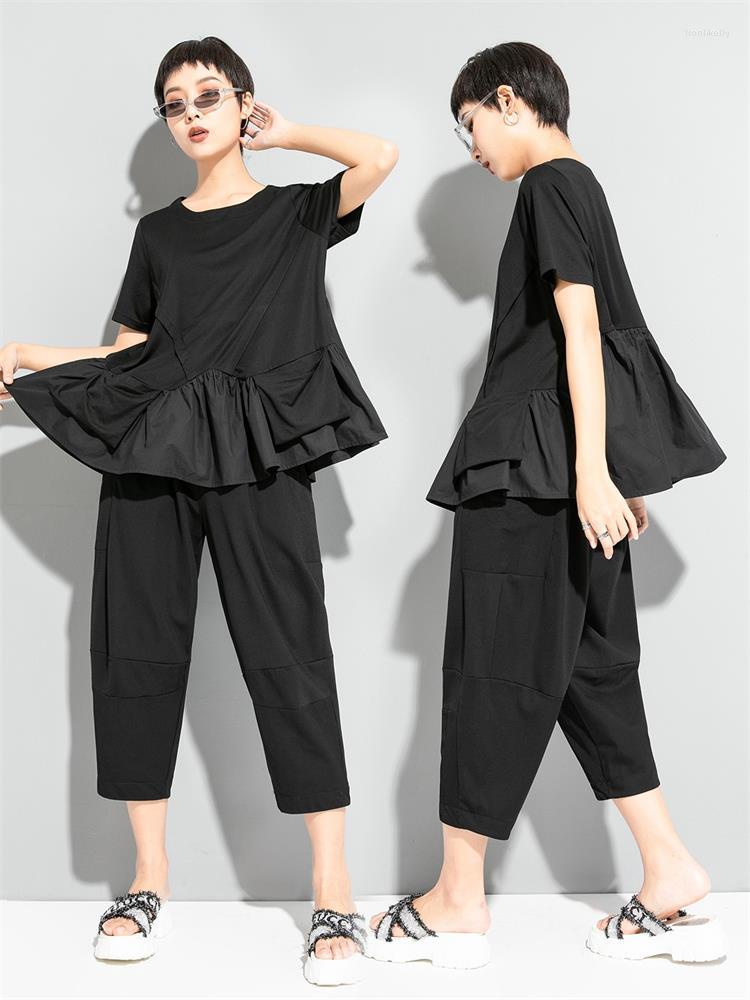 

Women' T Shirts Ladies Short Sleeve Summer Flounces Hem Personalized Stitching Design European Loose Large Size T-Shirt, Black