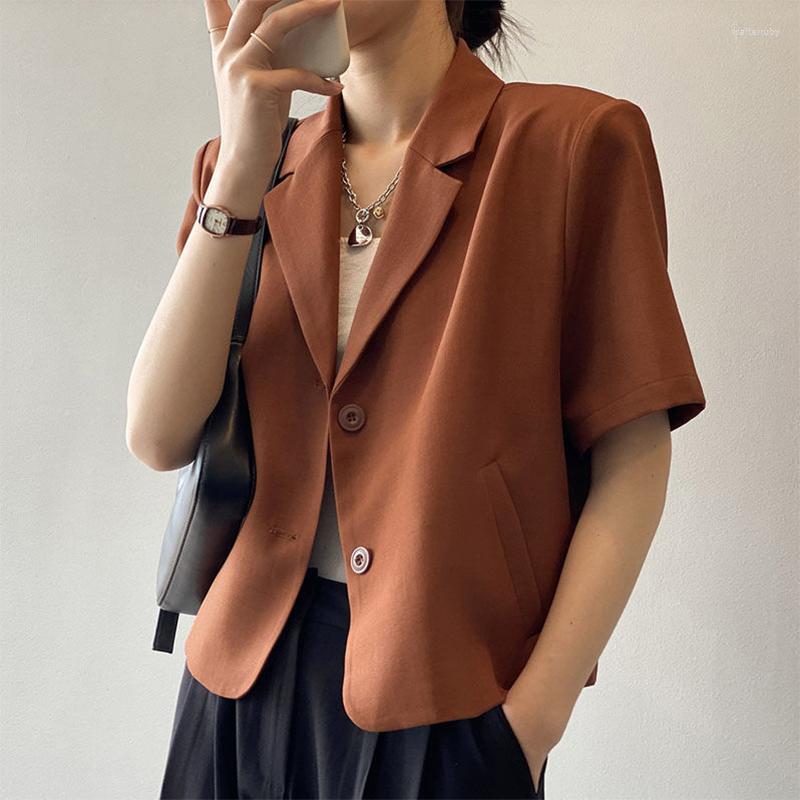 

Women' Suits Korean Style Elegant Short Sleeve Blazer For Women Two Buttons Solid Thin Summer Jacket Black Coat Office Ladies