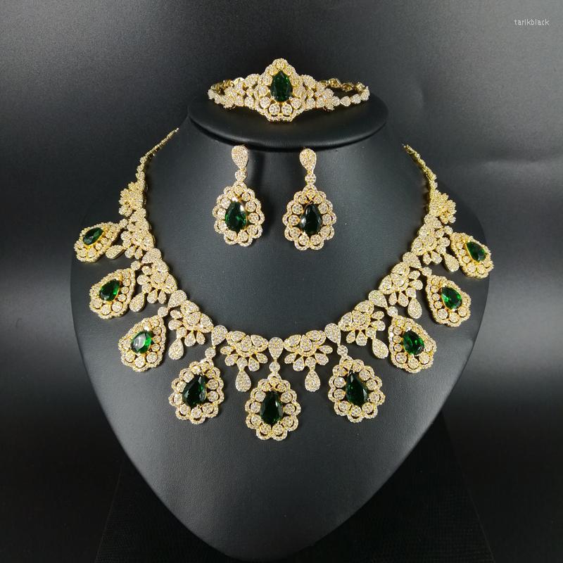 

Necklace Earrings Set 2022 Fashion Vintage GREEN Water Drop CZ Zircon Earring Bracelet Ring Wedding Bride Banquet Dressing Jewelry, Picture shown