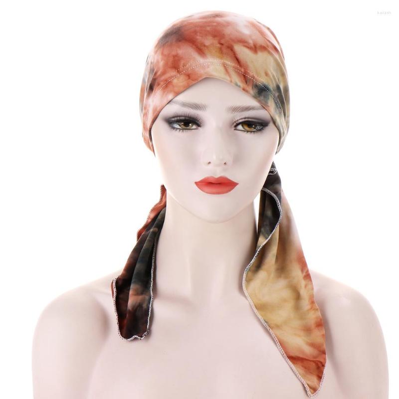 

Ethnic Clothing Classic Muslim Simple Turban Cap For Women Curved Pattern Cloth Two Tail Tie-dyed Hat Hijab Scarf Trend Summer Headscarves