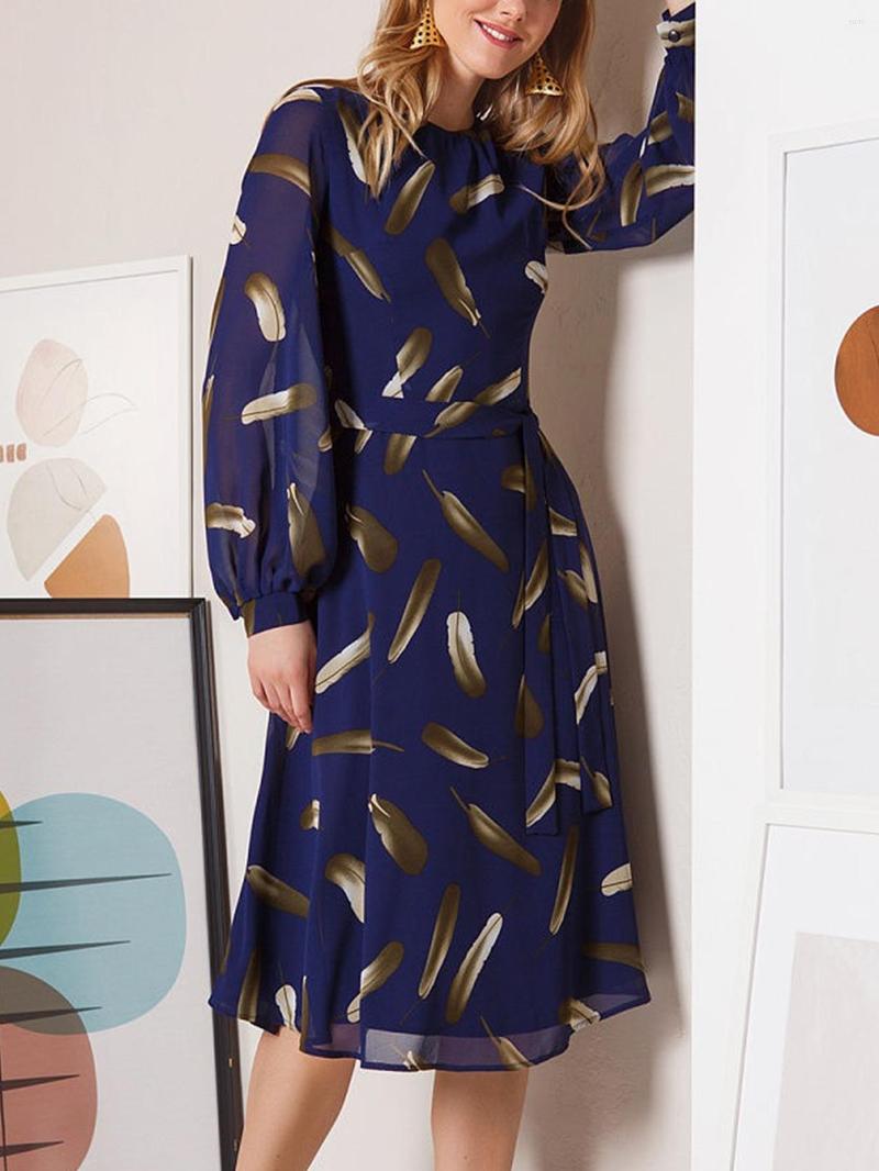 

Casual Dresses 2022 Autumn Long Sleeve Female Retro Sundress Women Feather Printing Chiffon A-line Dress Bohemian Midi, Navy
