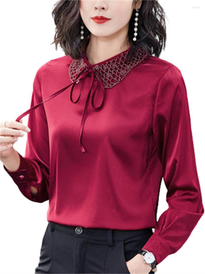 

Women's Blouses 4XL Women Spring Summer Shirts Lady Fashion Casual Long Sleeve Turn-down Bow Tie Solid Color Blusas Tops WY0346, Black