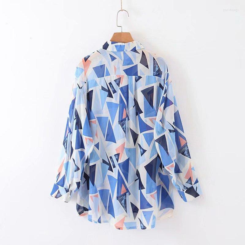 

Women's Blouses PERHAPS U Women Chiffon Shirt Blue Red Geometric Print Turn Down Collar Long Sleeve Button Spring Summer B0542