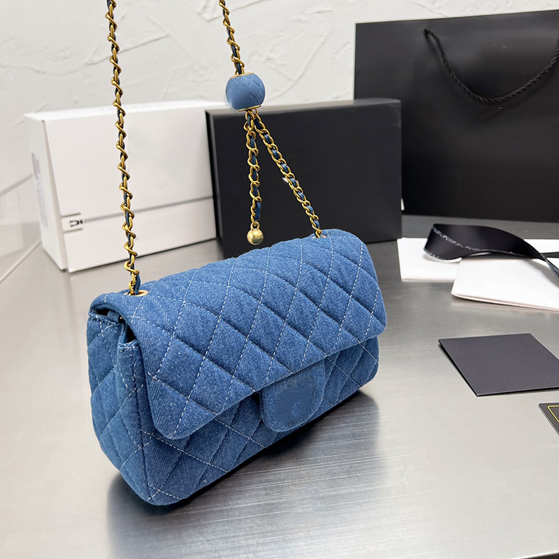 

Denim Gold Crush Pearl Ball Bags Mini Flap Square Quilted GHW Crossbody Adjustable Shoulder Strap Vanity Cosmetic Case Ladies Designer Handbags Womens 17cm/20cm, Box