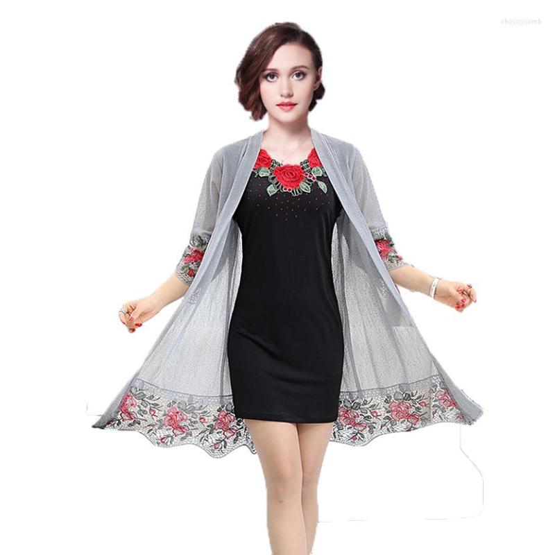 

Casual Dresses Set 2 Pieces Women 2022 Summer Floral Embroidery Lady Dress Tunics Vestidos Robe Femme Red Black Gray -3XL 4XL Plus Size