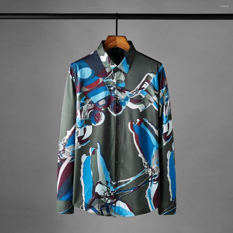 

Men's Casual Shirts High Quality Print Silk Shirt Men Long Sleeve Slim Business Social Formal Dress Streetwear Party Tuxedo Tops, Photo color