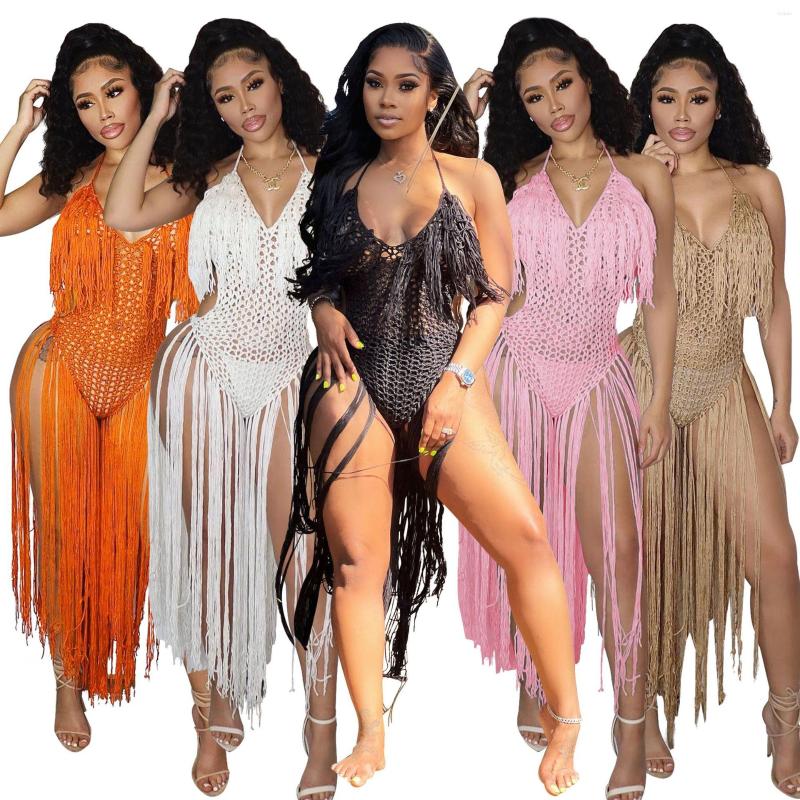 

Casual Dresses Knit Rib Tassel Bodysuit Rompers Sexy Fishnet Halter Lace Up V Neck See Through Jumpsuit Women Summer Beach Wear One Piece, Zsc0224
