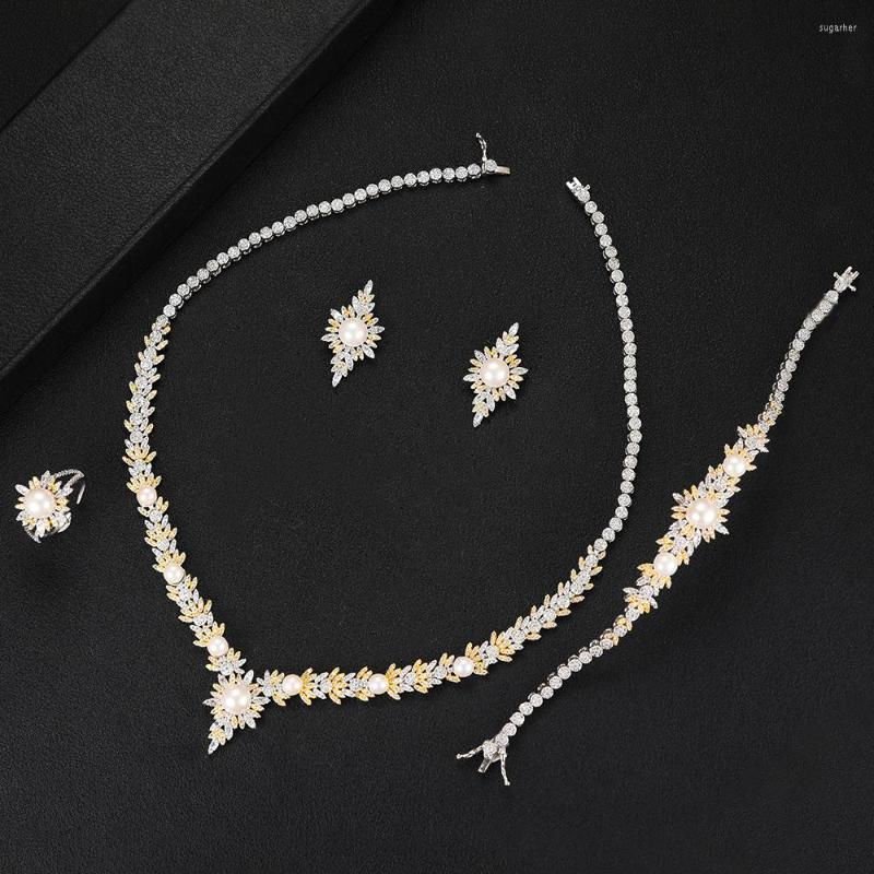 

Necklace Earrings Set SisCathy 2022 Charms Pearls For Women Cubic Zirconia CZ Nigerian Choker Dubai Wedding Bridal, Picture shown