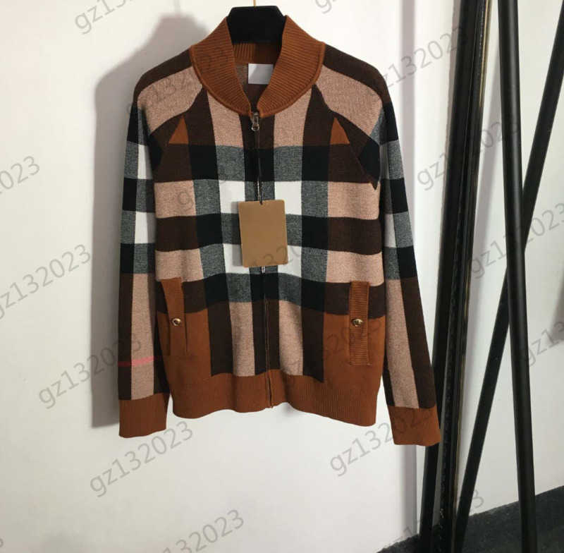 

Womens Jackets Contrast Color Check Stand Collar Knit Cardigan Jackets Zipper Open Pockets Long Sleeves Coats Classic Joker Spring Autumn Women Clothes 1970