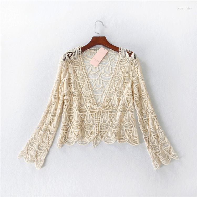 

Women's Knits Transparent Cut-out Flowers Hooked Short Lace Cardigan Flare Sleeve Long Belt Top Shirt Summer For Women, Beige