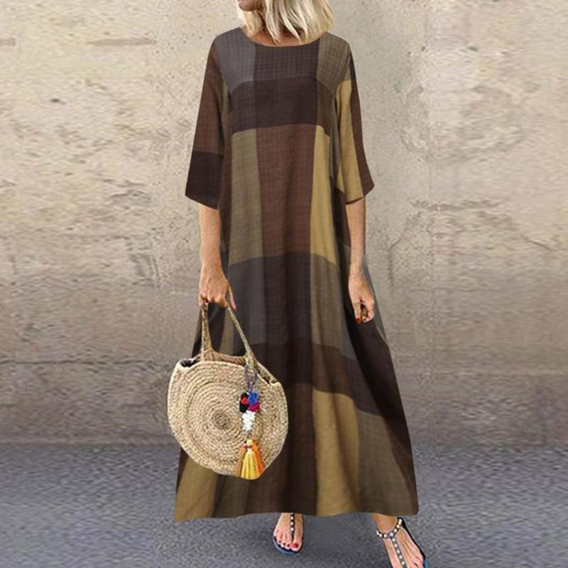 

Casual Dresses 2022 Vintage Women Dress Plaid Print Contrast Color Three Quarter Sleeves Summer Maxi, Khaki