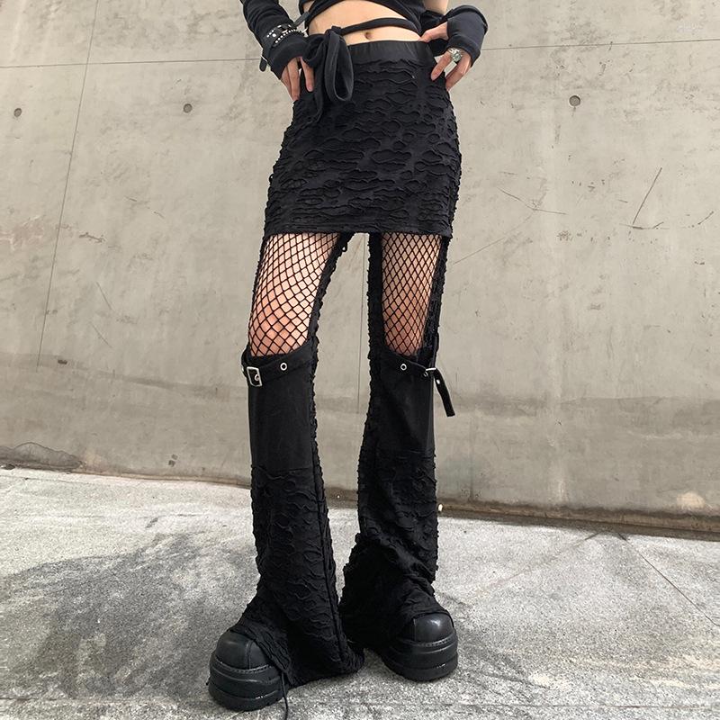 

Women' Pants Harajuku Black Emo Hip Hop Skirt Hollowed Out Mesh Flare Cargo Trousers Cyber Y2K EGirl Gothic Grunge Street Vintage
